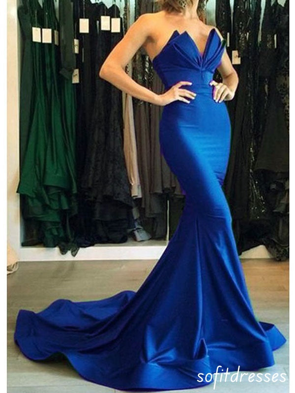 Elegant Mermaid Royal-Blue Scalloped Sleeveless Evening Prom Dress, OL471
