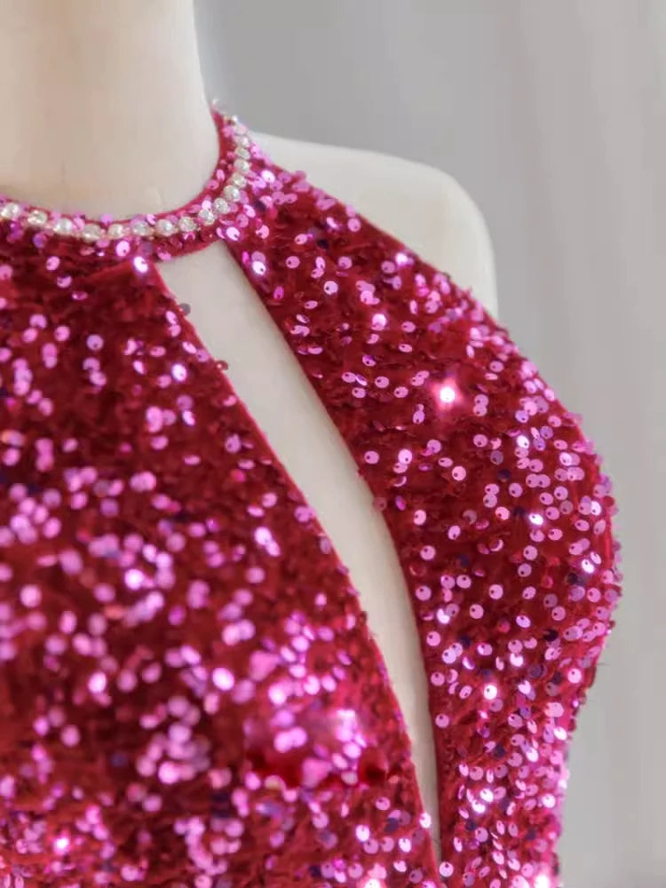 Elegant Fuchsia Mermaid v-neck Open-back Sequins Evening Prom Dress , OL458