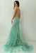 Charming Spaghetti Straps V-neck Mermaid Tulle Applique Mint Green Long Evening Prom Dress, OL443