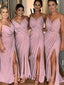 Pink Spaghetti Strap V-neck Side Spit Sexy Unique Sleeveless Bridesmaid Dresses, BG055