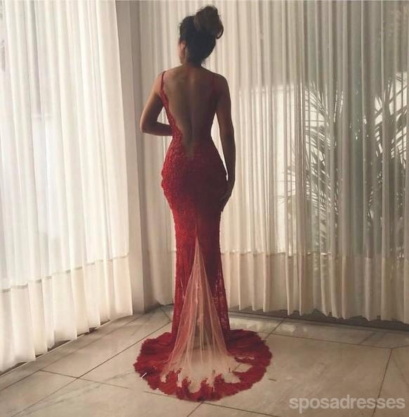 Sexy Backless Maroon Lace Side Slit Deep V Neckline Mermaid Long Evening Prom Dresses, 17531