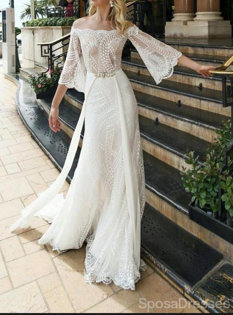Off Shoulder Long Sleeves Lace Wedding Dresses Online, Cheap Unique Bridal Dresses, WD595