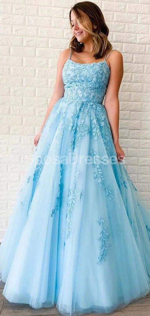 Sexy Blue Backless Spaghetti Straps Lace Evening Prom Dresses, Evening Party Prom Dresses, 12271