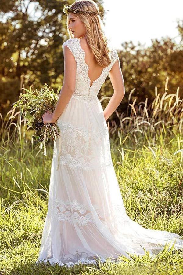 Backless Cap Sleeves Lace Cheap Wedding Dresses Online, Cheap Bridal Dresses, WD526