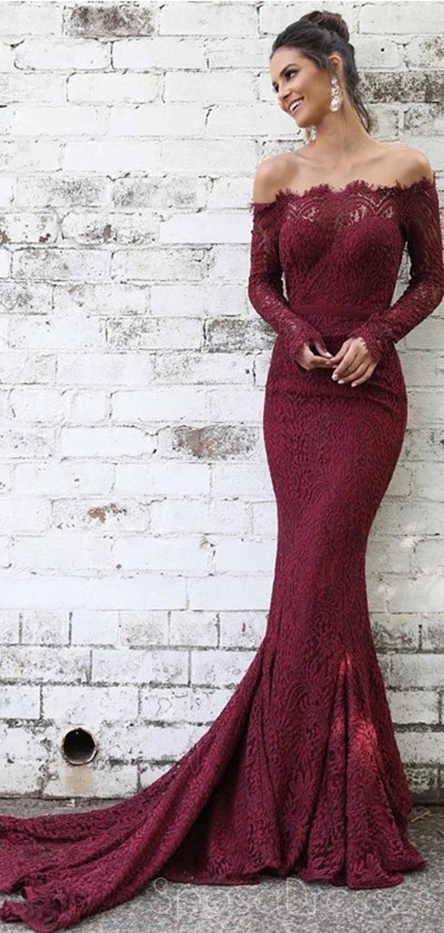 Off Shoulder Long Sleeves Lace Mermaid Long Evening Prom Dresses, Cheap Sweet 16 Dresses, 18386
