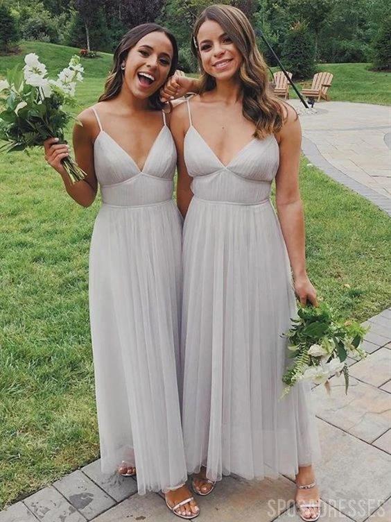 Spahgetti Straps Sleeveless Grey Tulle Long Bridesmaid Dresses Online, WG734