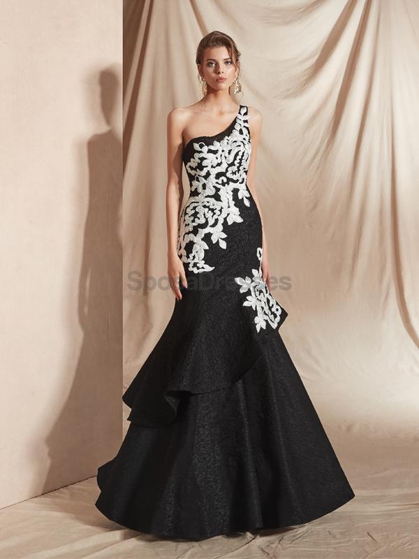 One Shoulder Ruffle Black Mermaid Evening Prom Dresses, Evening Party Prom Dresses, 12075