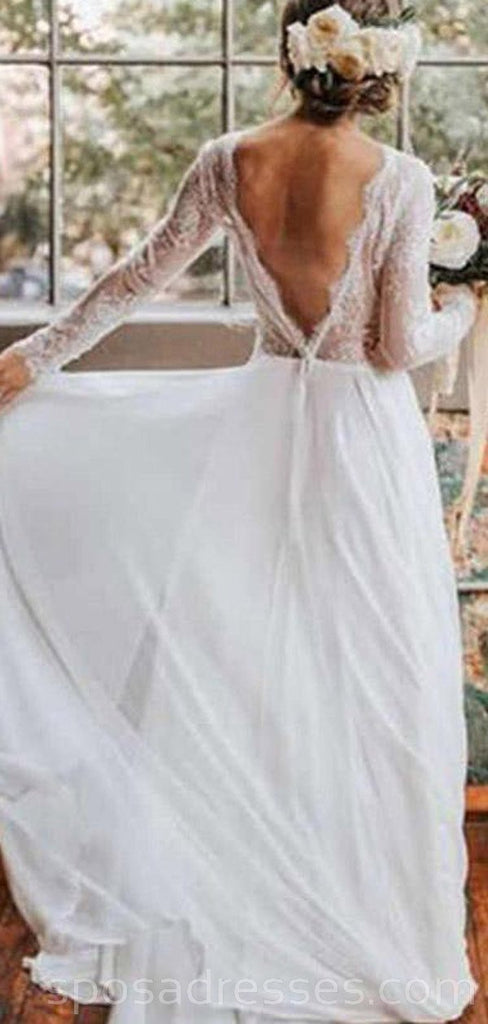 Long Sleeves Backless Beach Long Wedding Dresses Online, Cheap Bridal Dresses, WD527