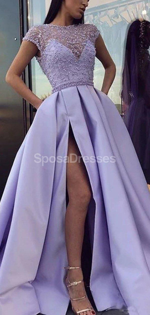 Cap Sleeves Lilac See Through A-line Long Evening Prom Dresses, Evening Party Prom Dresses, 12298