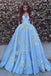 Off Shoulder V Neck Backless Light Blue A-line Floor Length Custom Long Evening Prom Dresses, 17385