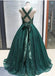 Emerald Green V Neck Sparkly Ball Gown Cheap Evening Prom Dresses, Evening Party Prom Dresses, 12156