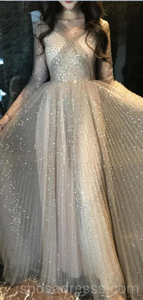 Long Sleeves Sparkly Tulle Long Evening Prom Dresses, Cheap Custom Sweet 16 Dresses, 18568