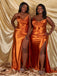Spaghetti Straps burnt orange side slit zipper Bridesmaid Dresses, BG002