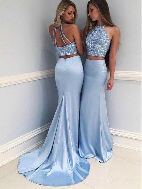 Sexy Two Pieces Blue Mermaid Halter Long Custom Evening Prom Dresses, 17451