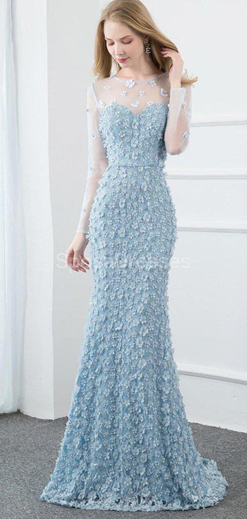 Long Sleeves Tiffany Blue Mermaid Evening Prom Dresses, Evening Party Prom Dresses, 12287
