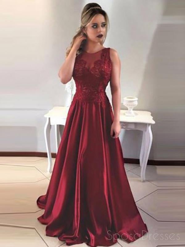 Sexy Backless Maroon Lace Illusion A-line Long Evening Prom Dresses, 17589
