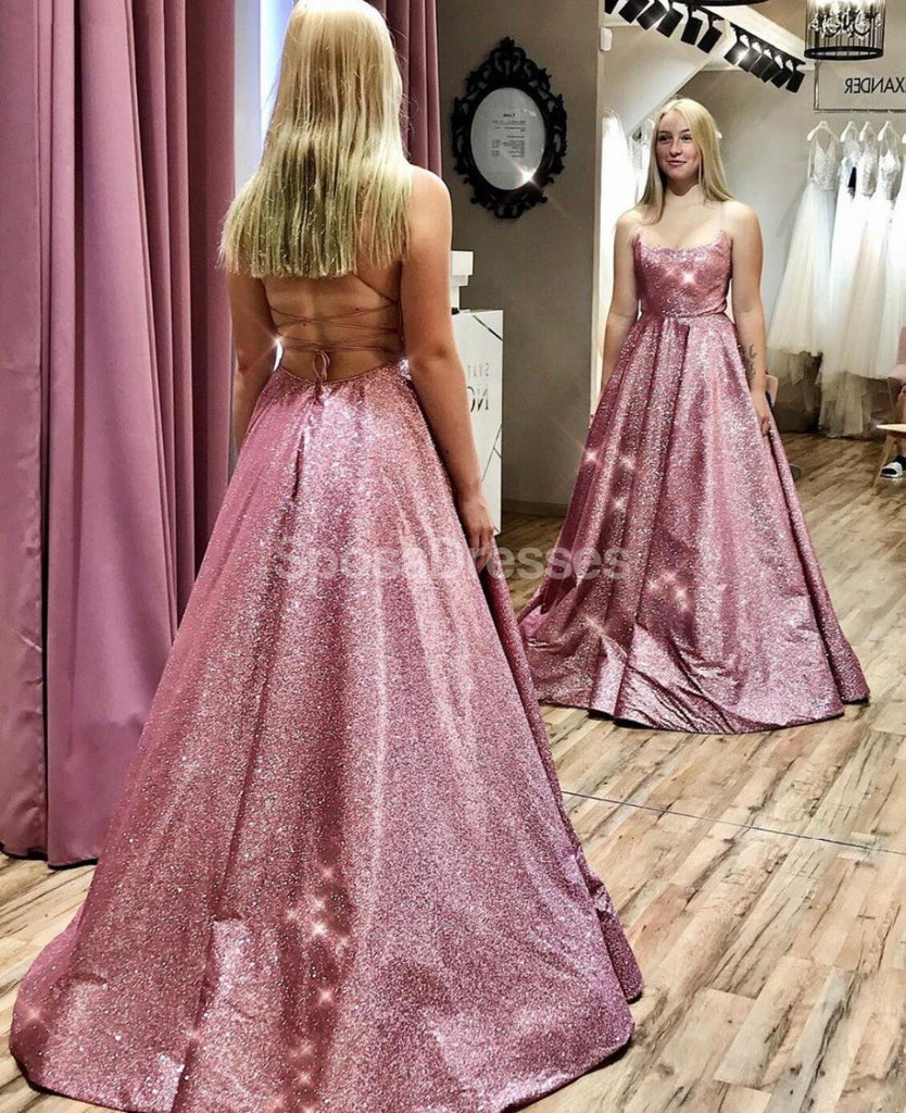 Sexy Backless Spaghetti Straps Pink Glitter Long Evening Prom Dresses, Evening Party Prom Dresses, 12284