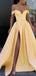 Off Shoulder Yellow Side Slit Cheap Yellow Long Evening Prom Dresses, Party Prom Dresses, 18615