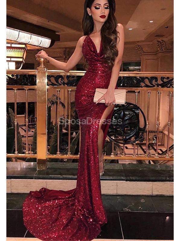 Spaghetti Straps Dark Red Sequin Mermaid Cheap Long Evening Prom Dresses, Evening Party Prom Dresses, 12305