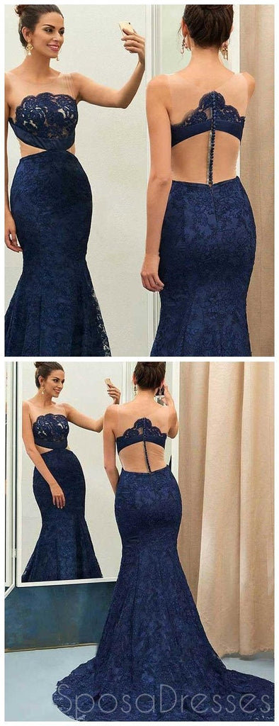 See Through Navy Lace Mermaid Long Evening Prom Dresses, Cheap Sweet 16 Dresses, 18368
