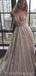 Sexy Backless Deep V Neck Sparkly A-line Long Evening Prom Dresses, 18563