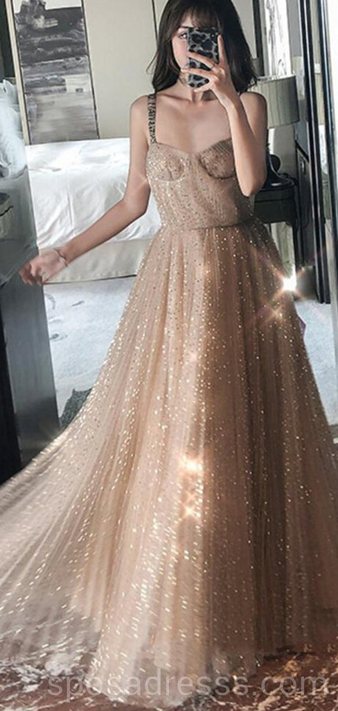 Straps Sparkly Gold A-line Long Evening Prom Dresses, Cheap Custom Sweet 16 Dresses, 18569