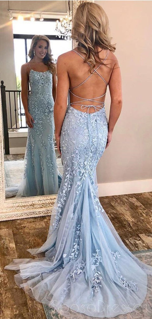 Sexy Backless Blue Lace Mermaid Scoop Long Evening Prom Dresses, Cheap Sweet 16 Dresses, 18380