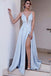 V Neck Spaghetti Straps Side Slit Blue Mermaid Long Evening Prom Dresses, 17507
