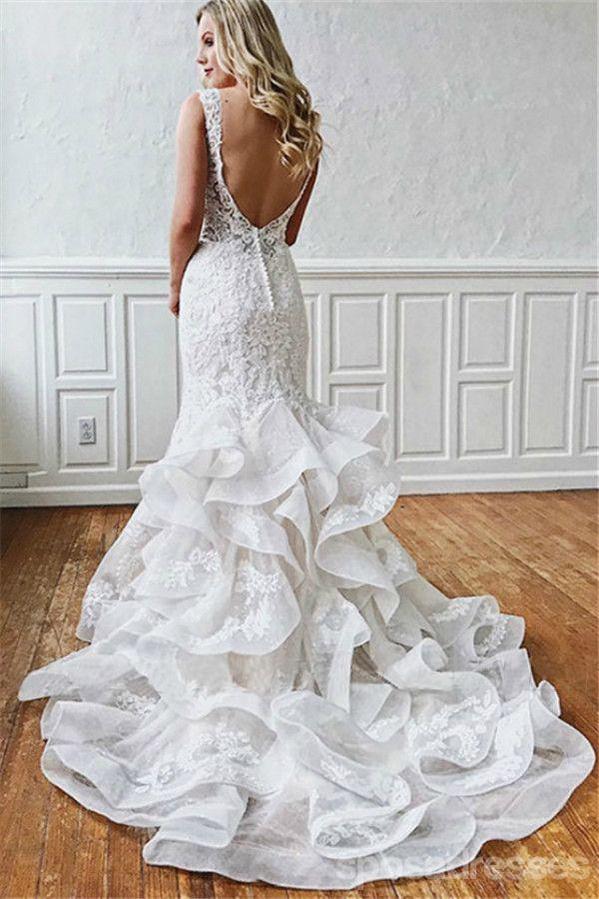Long Sexy Mermaid V-neck Straps Backless Lace Wedding Dresses,WD771
