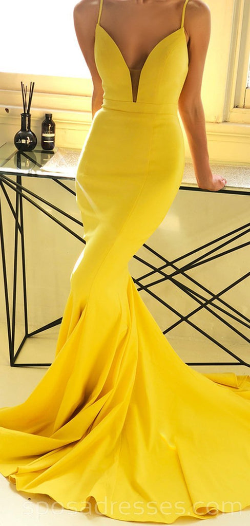 Spaghetti Straps Yellow Mermaid Cheap Long Evening Prom Dresses, Party Prom Dresses, 18617