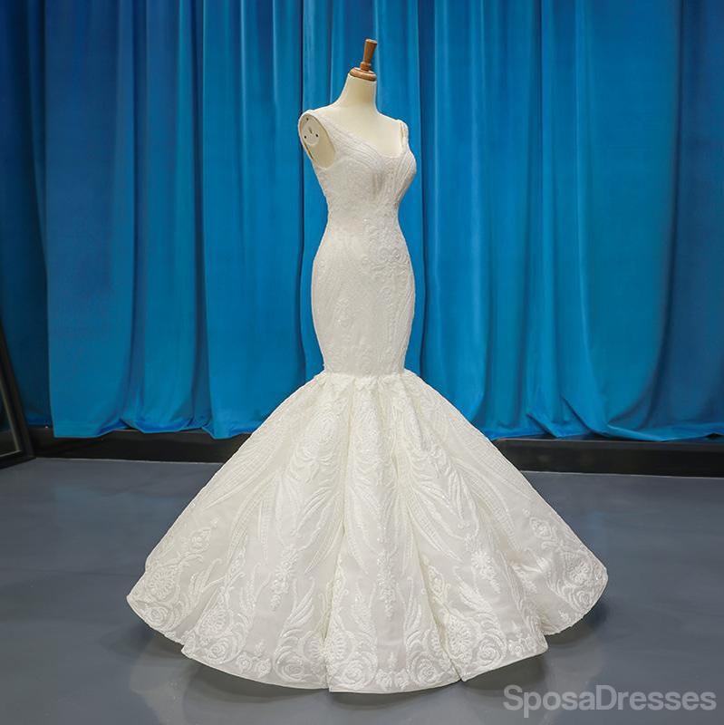 Popular V Neck Lace Mermaid Wedding Dresses, Cheap Wedding Gown, WD724
