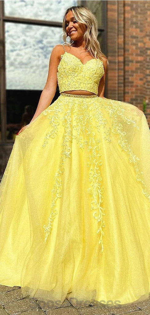 Sexy Two Pieces Yellow Lace Evening Prom Dresses, Evening Party Prom Dresses, 12142