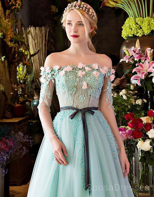 Green Off Shoulder Lace Beaded Evening Prom Dresses, Cheap Custom Sweet 16 Dresses, 18484