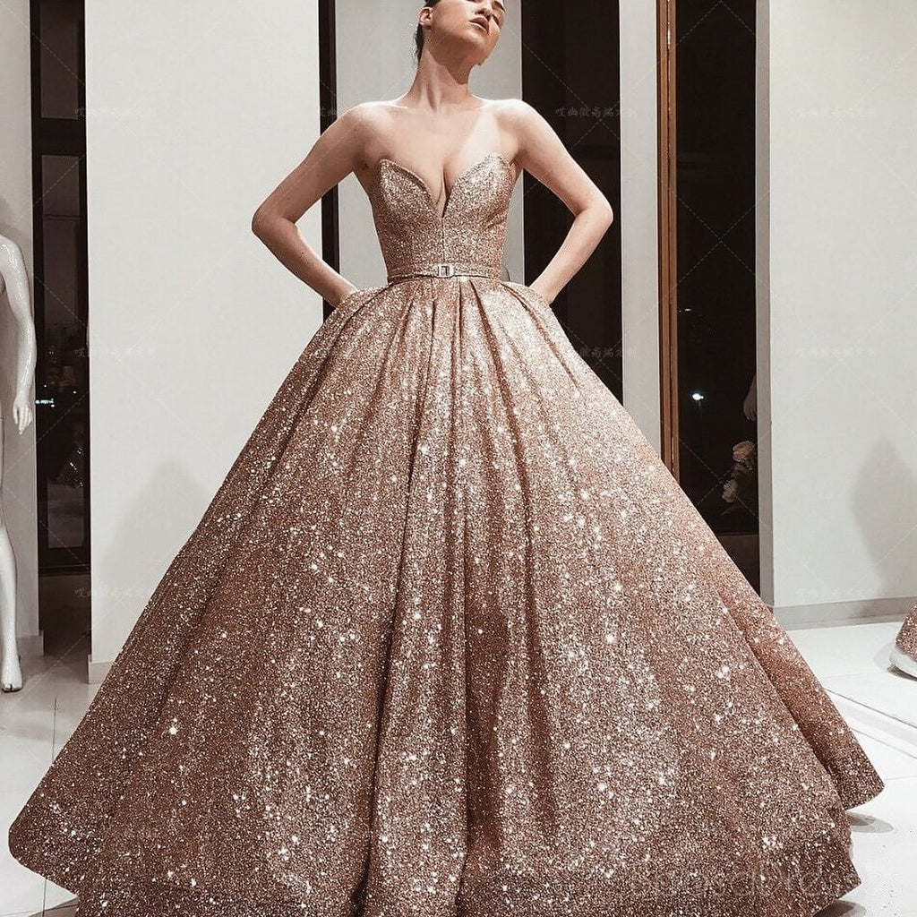 Gold Sequin Ball Gown Sparkly Long Evening Prom Dresses, Evening Party Prom Dresses, 18619
