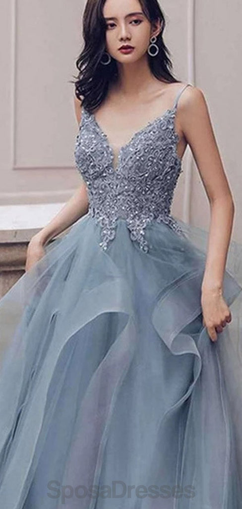 Dusty Blue V Neck Spaghetti Straps Lace Beaded Cheap Evening Prom Dresses, Evening Party Prom Dresses, 12170