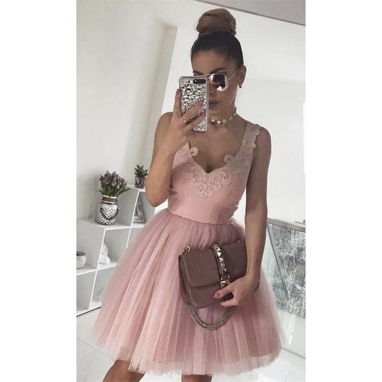 Cheap V Neck Tulle Cute Pink Homecoming Dresses 2023, CM439
