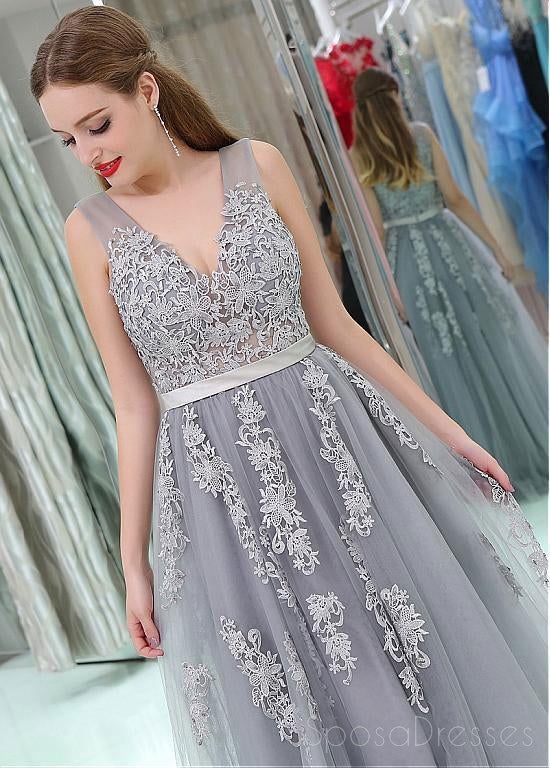 2018 Gray Lace V Neckline Tulle Long Evening Prom Dresses, Popular Cheap Long 2018 Party Prom Dresses, 17265