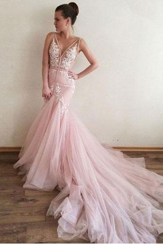 Sexy Backless Pink Lace Straps V Neck Long Evening Prom Dresses, 17515