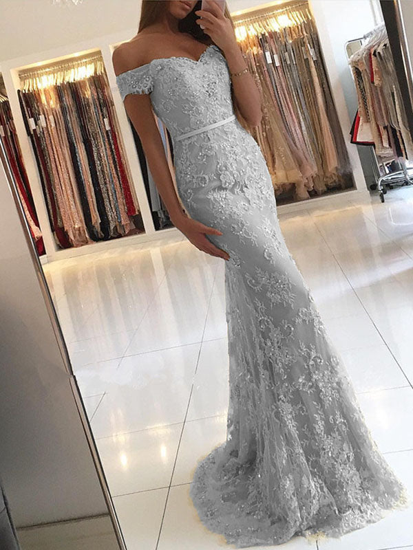 Elegant Mermaid Off Shoulder Silver Prom Dresses, BG059