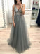 New A-line V-neck Grey Beaded Sequins Prom Dresses, BG078