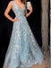 Charming Light Blue A-line V-neck Lace Tulle Applique Prom Dresses, BG088