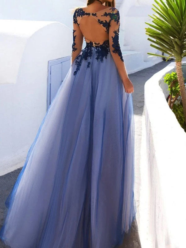 Sexy Lace Long Sleeve Open Back Dark Blue Prom Dresses, BG151