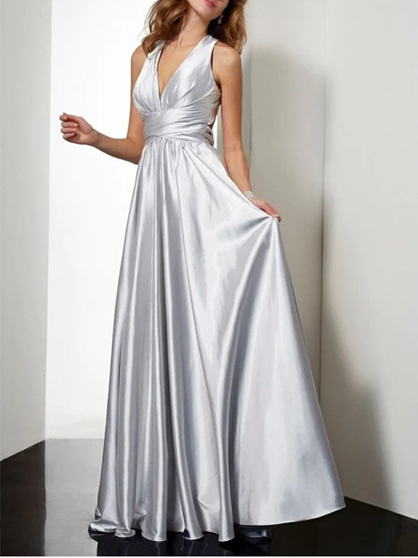 Silver V-neck A-line V-neck Prom Dresses, BG154
