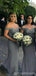 Mermaid Grey Off the Shoulder V-neck Lace Applique Cheap Long Bridesmaid Gown Dresses,WG982