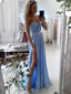 Blue Chiffon Sweetheart Long Prom Dresses with Slit, OL154