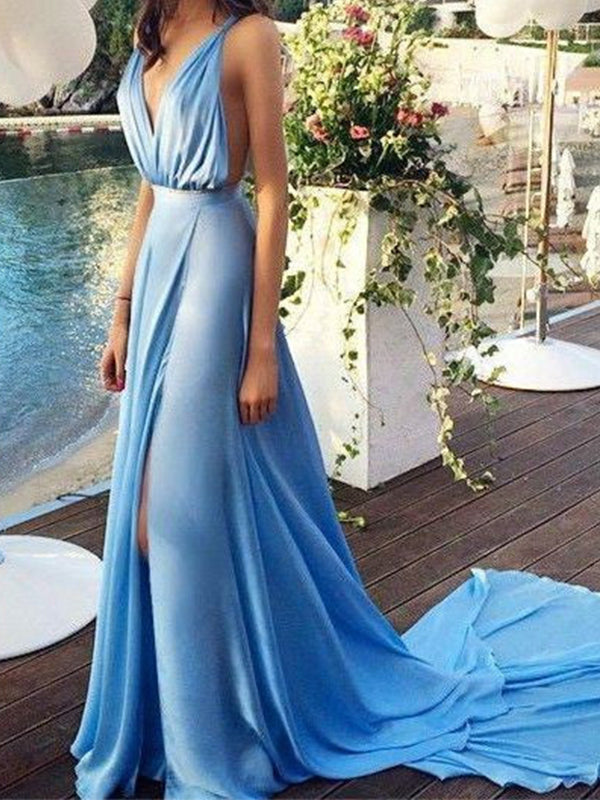 Long Blue Chiffon Backless Prom Dresses, OL165