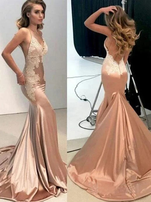 Sexy Mermaid V-neck Spaghetti Straps Backless Long Lace Prom Dresses, OL199