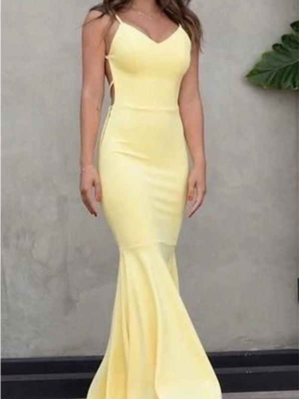 Elegant Spaghetti Straps V-neck Light Yellow Mermaid Long Prom Dresses, OL202