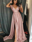 Elegant V-neck Flesh Pink A-line Long Prom Dresses, OL207