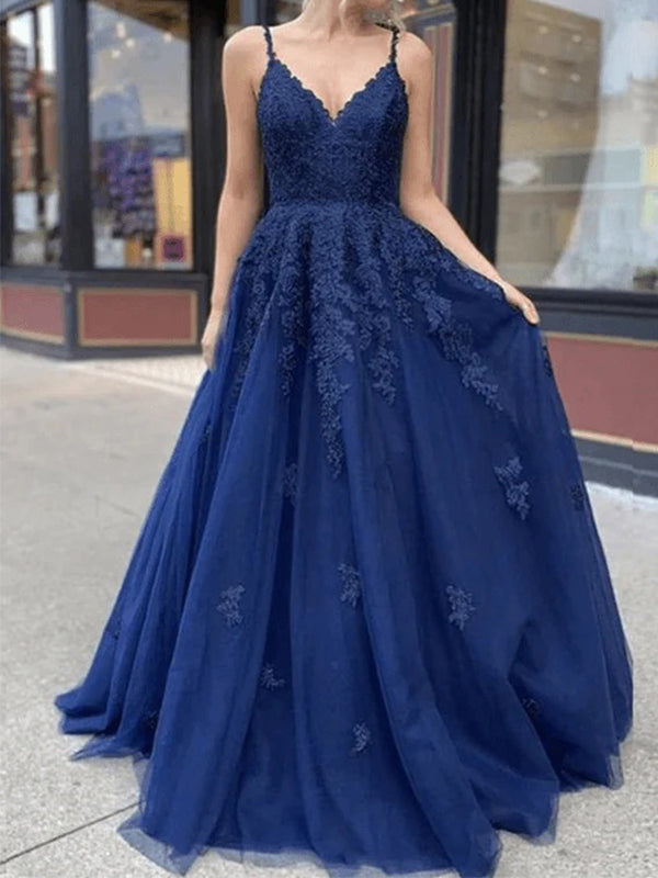 A-line Navy Blue Tulle Lace Long Prom Dresses, OL244